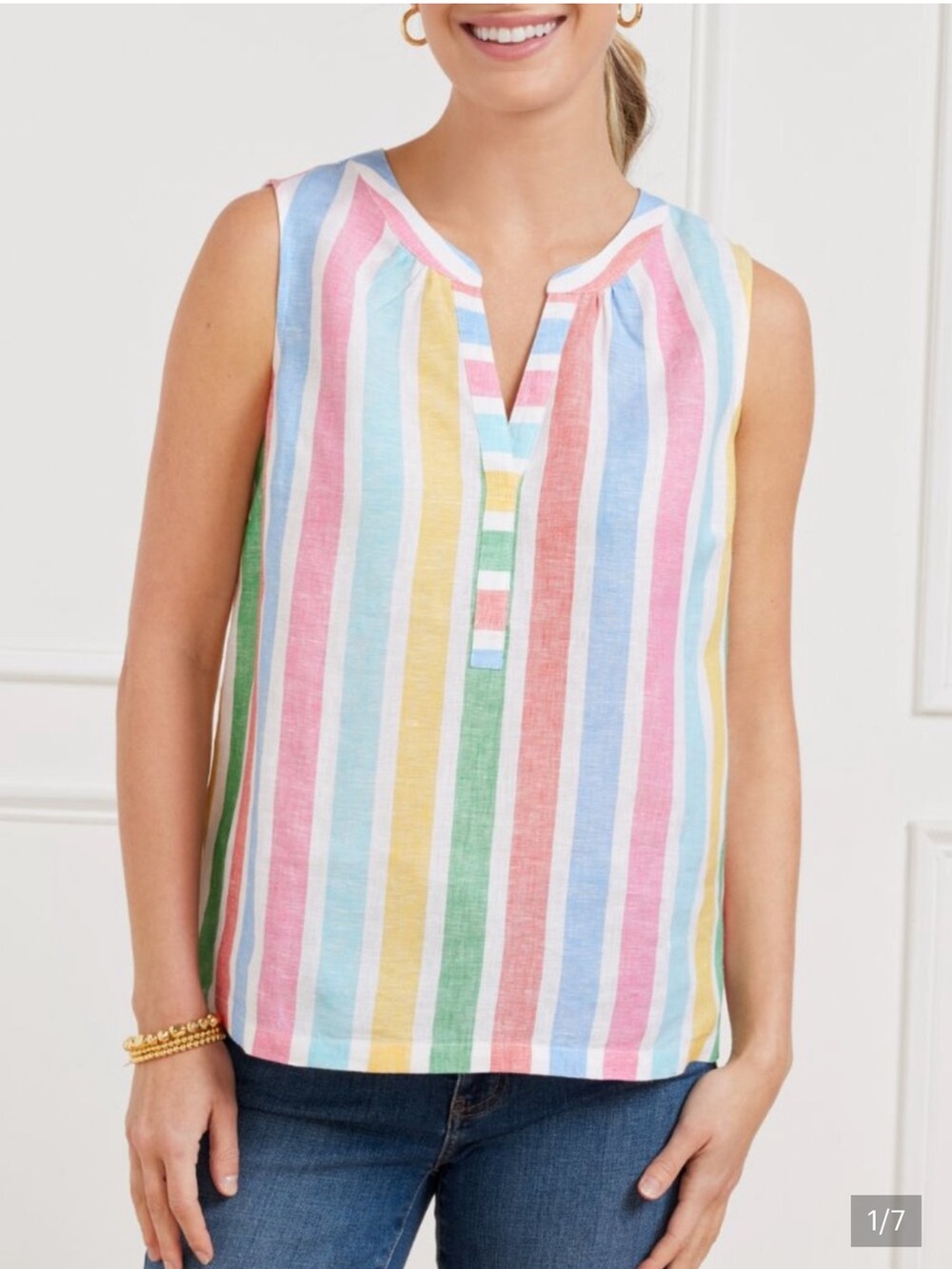 Talbots Plus Pettite 100% Linen Colorful Pastel Striped Sleeveless Top